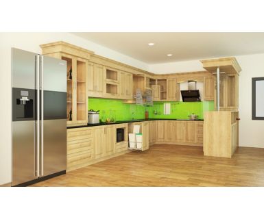 TỦ BẾP GỖ SỒI NGA KẾT HỢP QUẦY BAR TN100