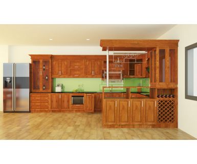TỦ BẾP GỖ XOAN ĐÀO KẾT HỢP QUẦY BAR TN102